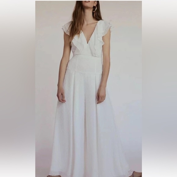 Free People Pants - Free People White Plunge Jumpsuit with Flutter Cap Sleeves